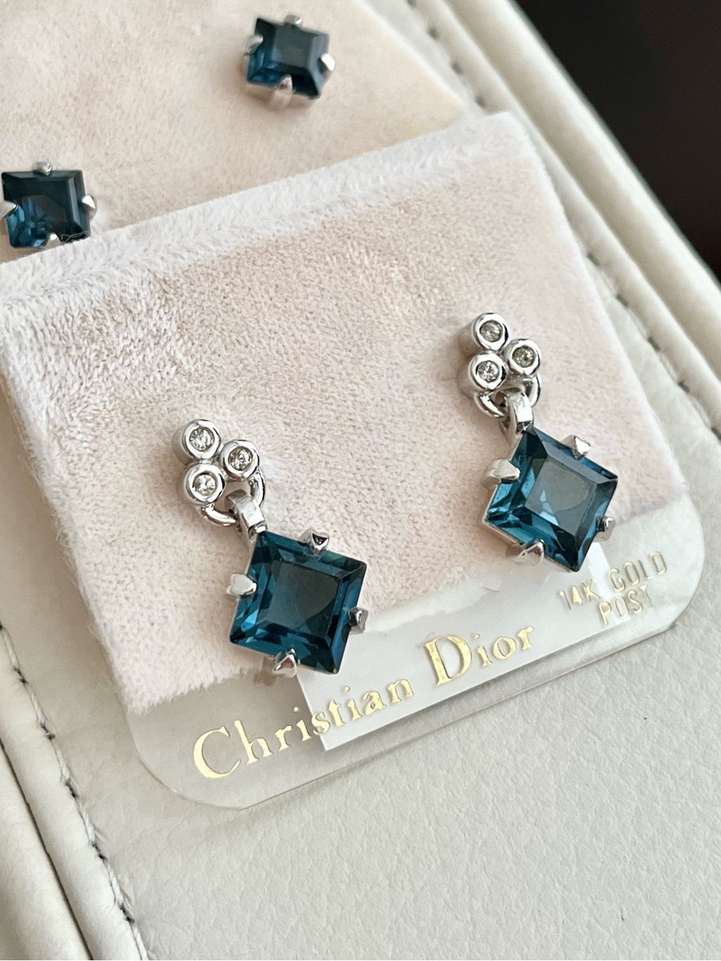 Authentic Vintage Dior Blue Rhinestone Droplet Silver 14k Gold Post Earrings Nwt